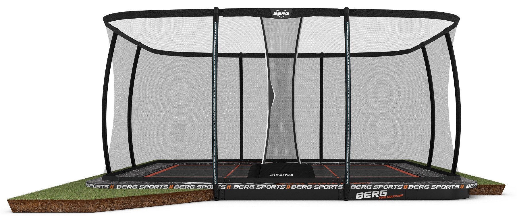 BERG Trampoline Ultim Pro Bouncer met Veiligheidsnet - Safetynet Deluxe XL - FlatGround - 500 x 500 cm - Airflow PRO Springmat - Twinspring PRO