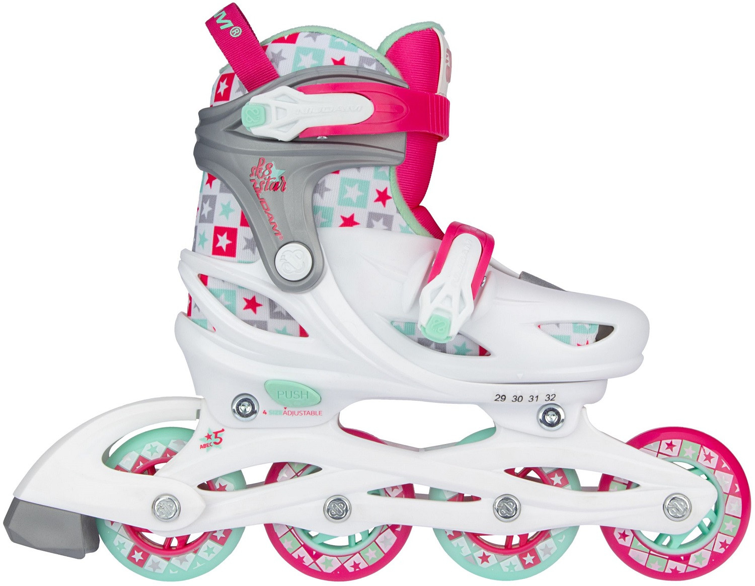 Nijdam Inline Skates - Skeelers - Sk8 Star - Wit/Fuchsia/Mintgroen/Zilvergrijs - Verstelbaar - Maat 29-32