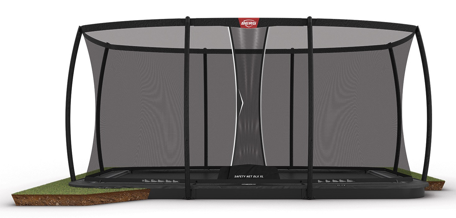 BERG Trampoline Ultim Elite met Veiligheidsnet - Safetynet Deluxe XL - FlatGround - 500 x 300 cm - Antraciet Grijs - Airflow PRO Springmat - Twinspring