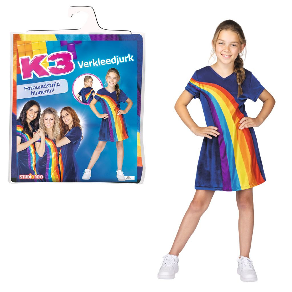 K3 Verkleedjurk Regenboog - 6-8 Jaar - Maat 134 - Blauw