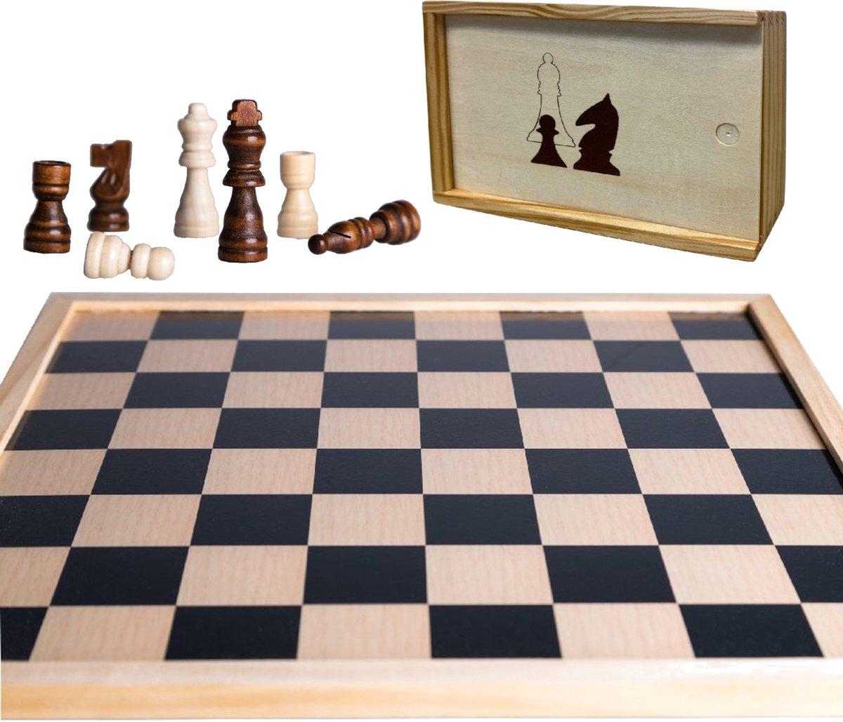 Houten schaakbord/dambord 40 x 40 cm met 32x stuks schaakstukken in opbergzakje - Schaken