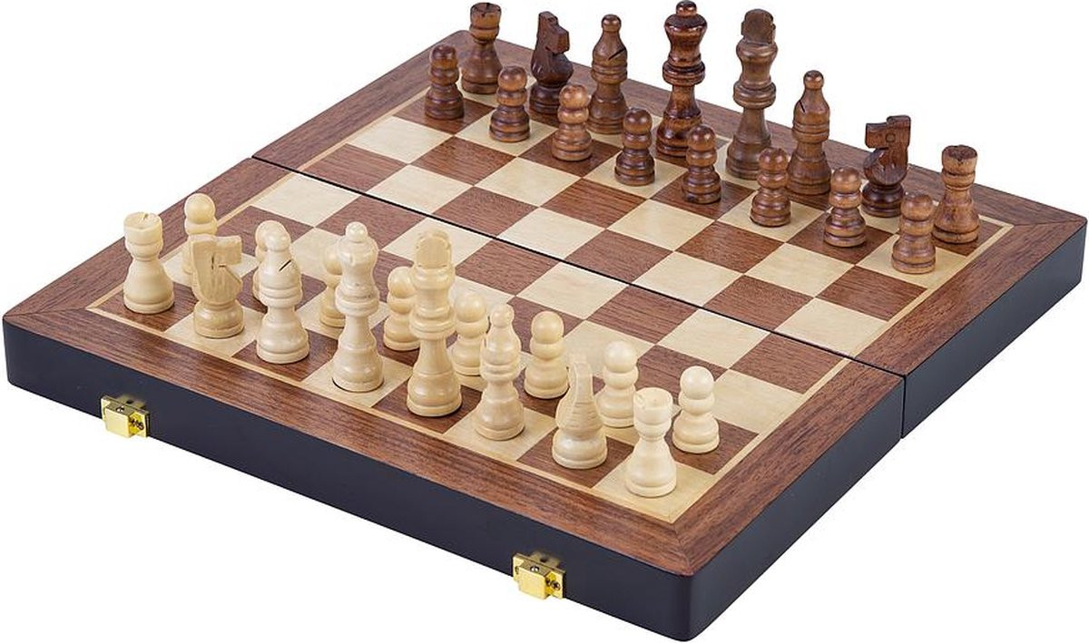 Schaakspel - Essenhout - Bruin - Opklapbaar -  45,5 x 45,5 cm